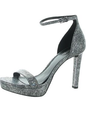 Michael Kors Glitter Ankle-Strap Block Heel Sandals Silver Size 8